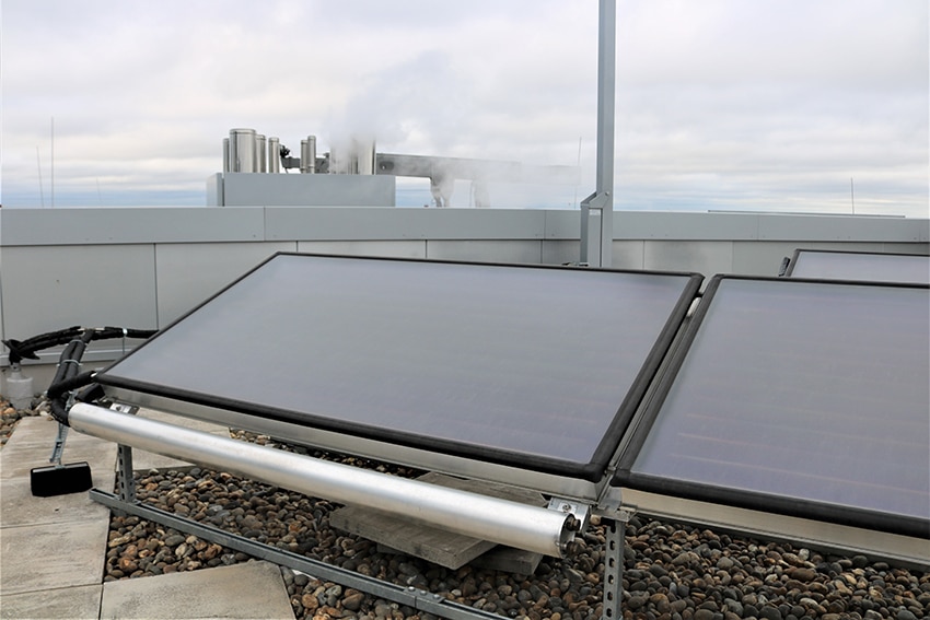 Solar panels, part of a solar thermal commercial hot water system.