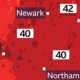 Map of temperatures around the UK midlands