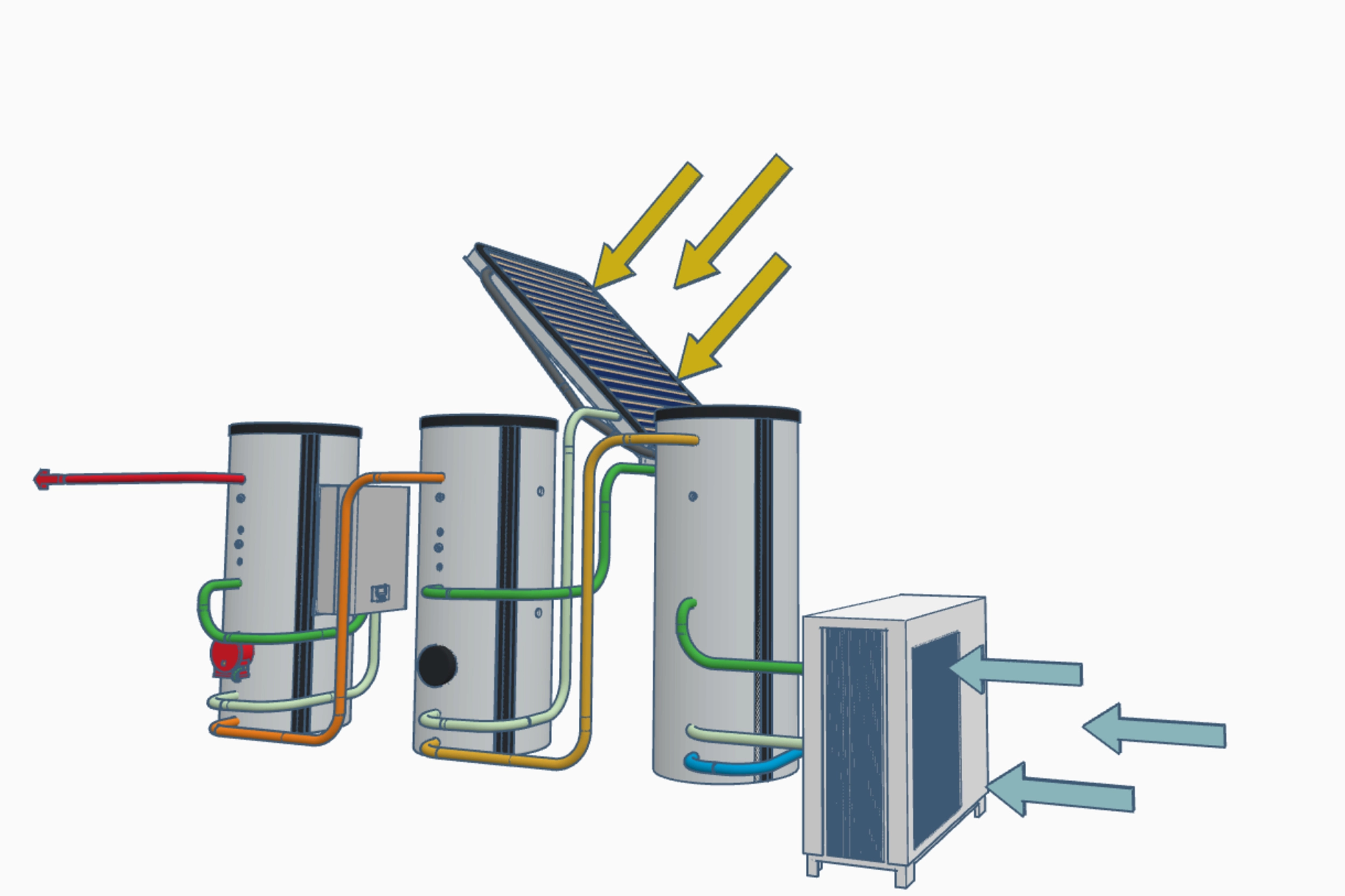 Solar thermal electric commercial water heating and ASHP flow diagram.