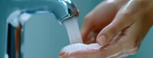 Woman's hands washing in water in public washroom
