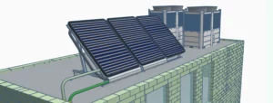 solar thermal collectors and ASHPs on roof of a commercial building