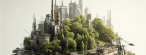 cityscape balanced with forest on the Earth - as we search for carbon negative means for heating water in commercial projects