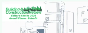 BCR award logo and line drawing of Adveco's FUSION electric water heating system