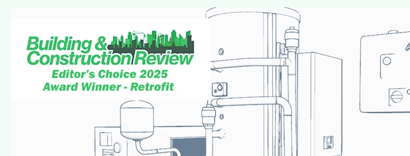 BCR award logo and line drawing of Adveco's FUSION electric water heating system