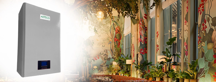 Adveco ARDENT electric boiler superimposed over an interior image of the Ivy Liverpool showing woodland themed decor