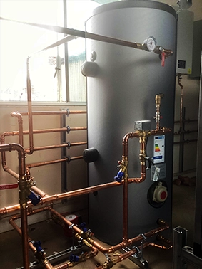 Piped up ATSI single coil cylinder for indirect water heating in the Ivy, Liverpool