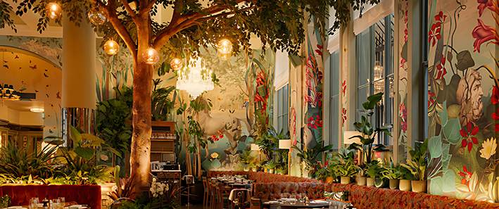 interior decor at The Ivy , Liverpool show walls painted with woodland scenes