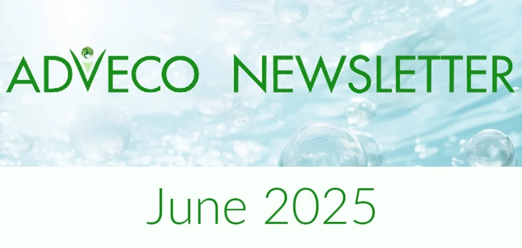 Adveco June 2025 newsletter banner, text on water graphic