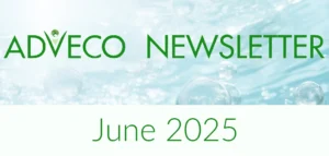 Adveco June 2025 newsletter banner, text on water graphic