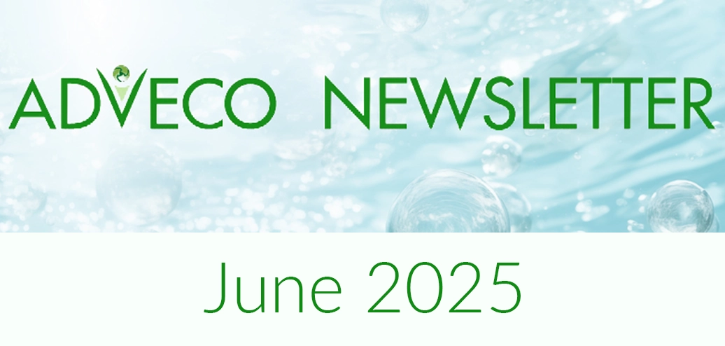 Adveco June 2025 newsletter banner, text on water graphic