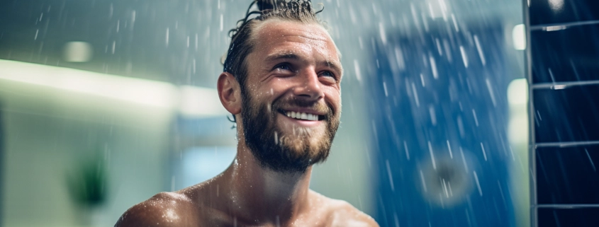 A man showering in hotel spa facility