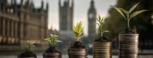 Spending Review & sustainability plants growing on coins, Houses of Parliament in the background