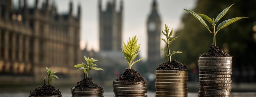 Spending Review & sustainability plants growing on coins, Houses of Parliament in the background